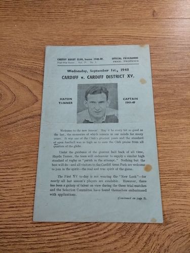 Cardiff v Cardiff District XV Sept 1948 Rugby Programme