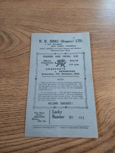 Newbridge v Cross Keys Oct 1952 Programme