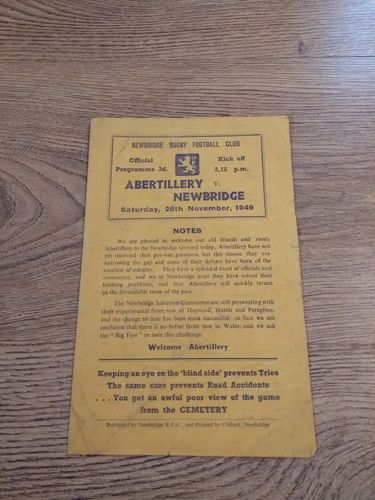 Newbridge v Abertillery Nov 1949 Rugby Programme