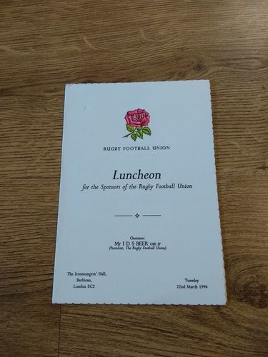 Rugby Football Union 1994 Sponsors Luncheon Menu