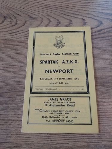 Newport v Spartak AZKG Sept 1966 Rugby Programme