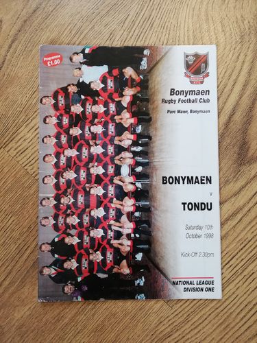 Bonymaen v Tondu Oct 1998 Rugby Programme