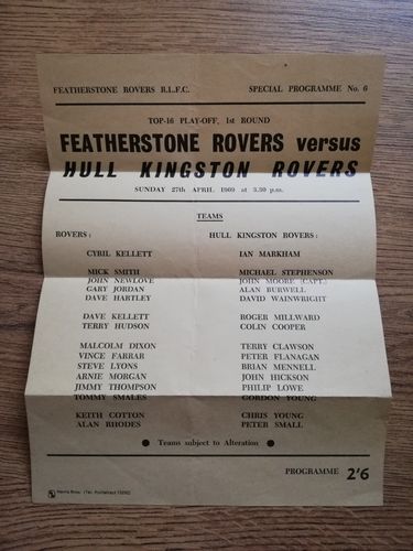 Featherstone v Hull KR Apr 1969 Top 16 Play-Off 1st round Teamsheet