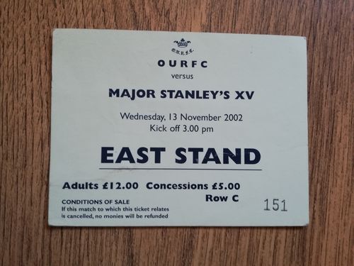 Oxford University v Stanley's XV 2002 Rugby Ticket