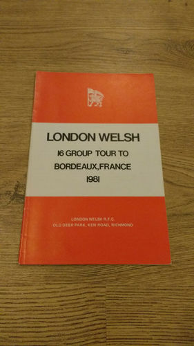 London Welsh U16 Tour to Bordeaux, France 1981 Brochure