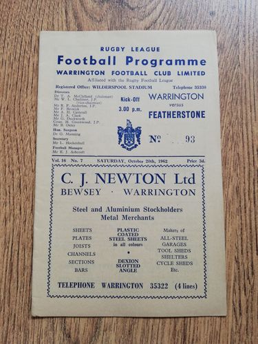 Warrington v Featherstone Oct 1962 RL Programme