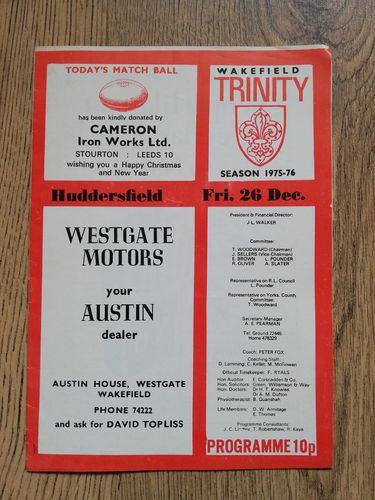 Wakefield v Huddersfield Dec 1975 RL Programme