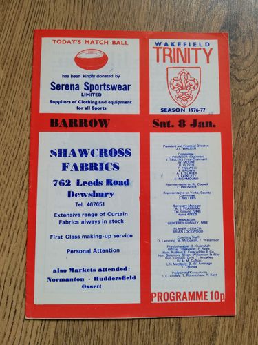 Wakefield v Barrow Jan 1977 Rugby League Programme