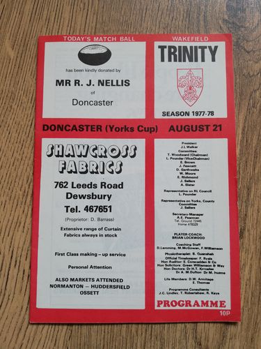 Wakefield v Doncaster Aug 1977 Yorkshire Cup RL Programme