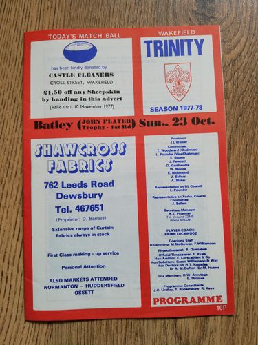 Wakefield v Batley Oct 1977 JP Trophy RL Programme