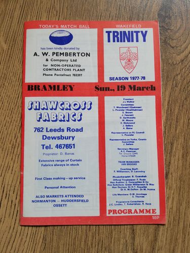 Wakefield v Bramley Mar 1978 RL Programme