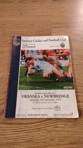 Swansea v Newbridge Sept 1992 Rugby Programme