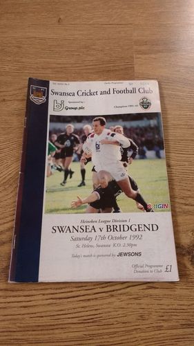 Swansea v Bridgend Oct 1992 Rugby Programme