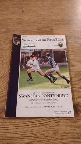 Swansea v Pontypridd Oct 1992 Rugby Programme