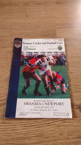 Swansea v Newport Apr 1993 Rugby Programme