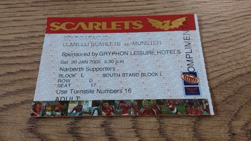 Llanelli Scarlets v Munster Jan 2005 Rugby Ticket
