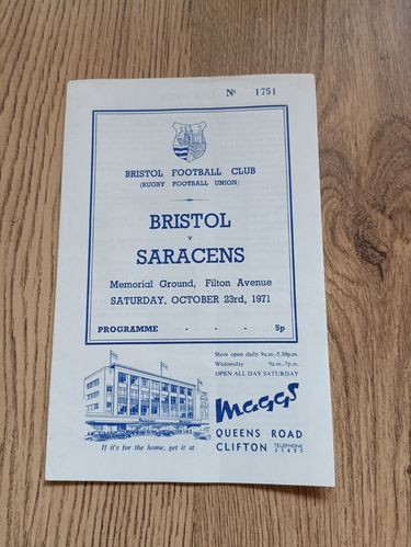 Bristol v Saracens Oct 1971 Rugby Programme