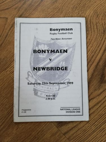 Bonymaen v Newbridge Sept 1999 Rugby Programme