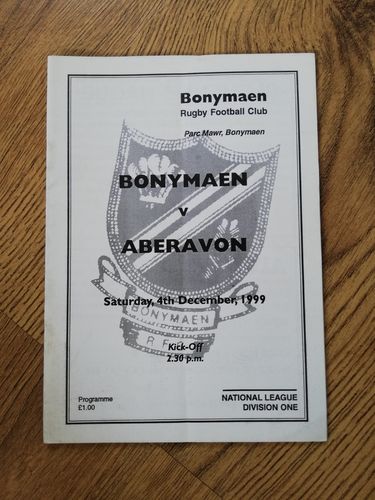 Bonymaen v Aberavon Dec 1999 Rugby Programme