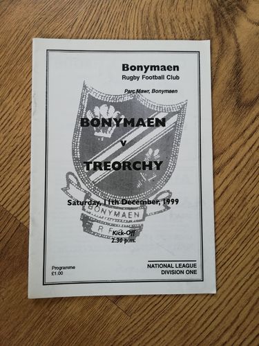 Bonymaen v Treorchy Dec 1999 Rugby Programme