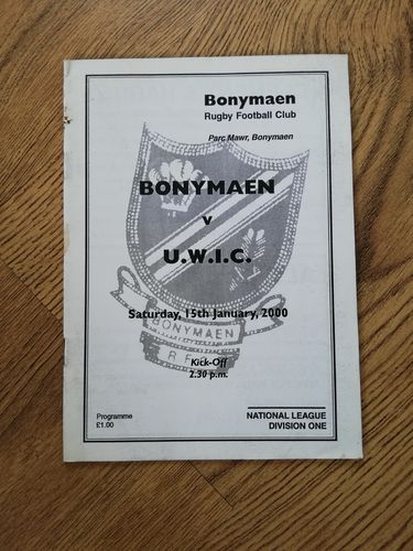 Bonymaen v UWIC Jan 2000 Rugby Programme