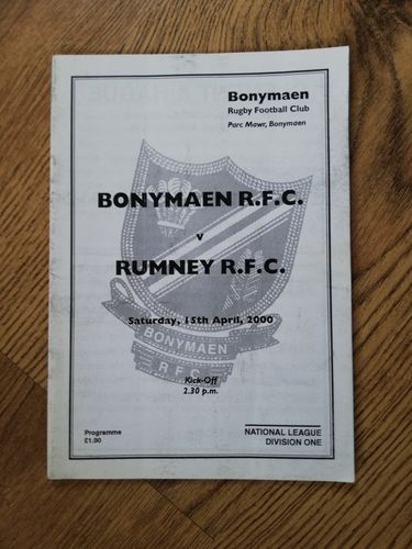 Bonymaen v Rumney Apr 2000 Rugby Programme