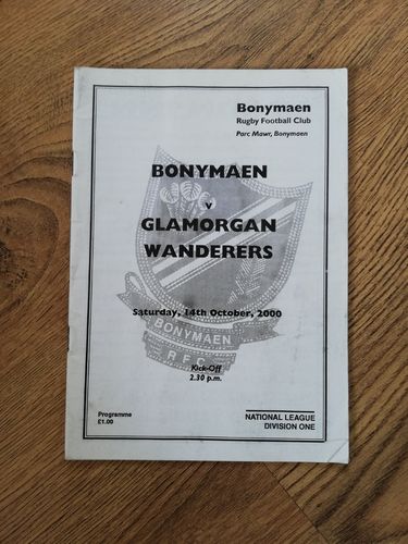 Bonymaen v Glamorgan Wanderers Oct 2000 Rugby Programme