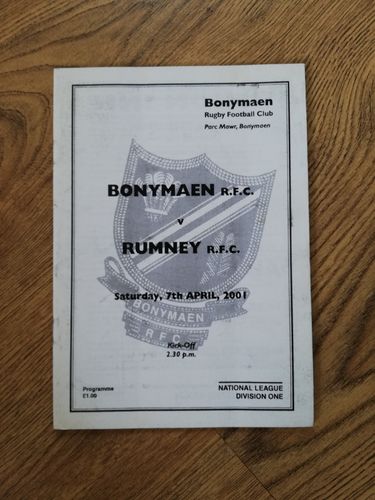Bonymaen v Rumney Apr 2001 Rugby Programme