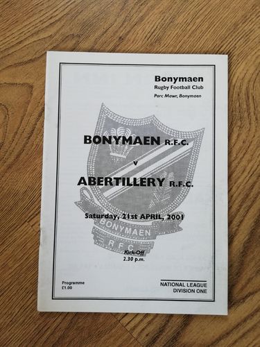 Bonymaen v Abertillery Apr 2001 Rugby Programme