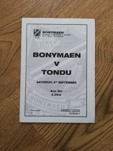 Bonymaen v Tondu Sept 2001 Rugby Programme