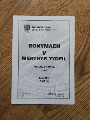 Bonymaen v Merthyr Tydfil Apr 2002 Rugby Programme