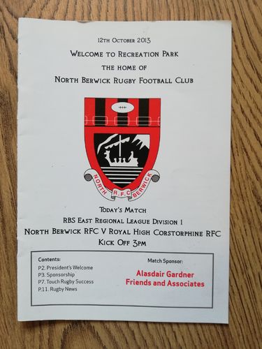North Berwick v Royal High Corstorphine Oct 2013 Rugby Programme