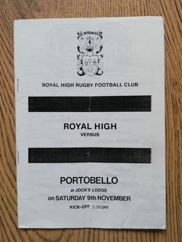 Royal High v Portobello Nov 1985 Rugby Programme