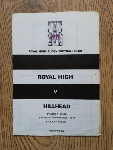 Royal High v Hillhead Nov 1978 Rugby Programme