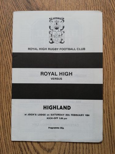 Royal High v Highland Feb 1984 Rugby Programme