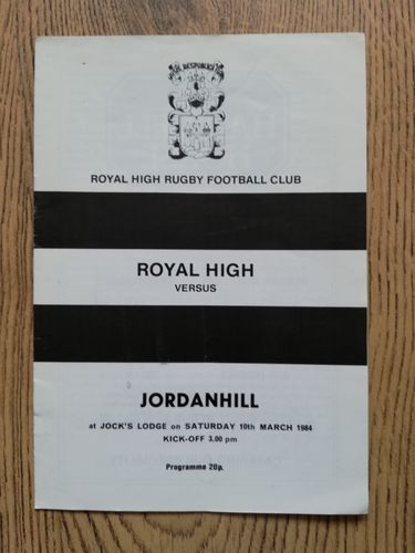 Royal High v Jordanhill Mar 1984 Rugby Programme