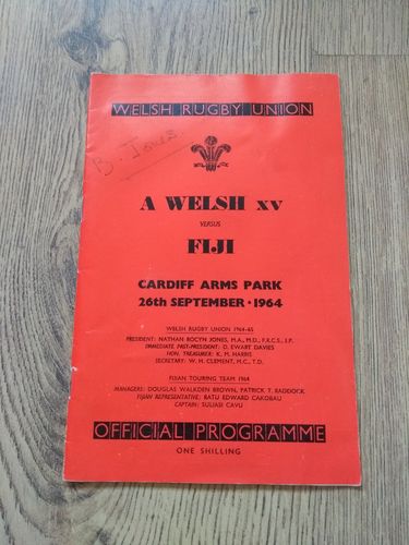A Welsh XV v Fiji Sept 1964 Rugby Programme with Press Report