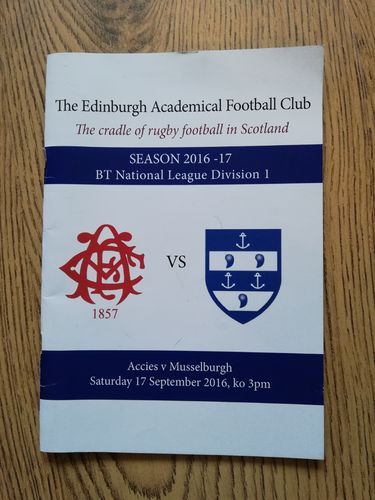 Edinburgh Academicals v Musselburgh Sept 2016 Rugby Programme