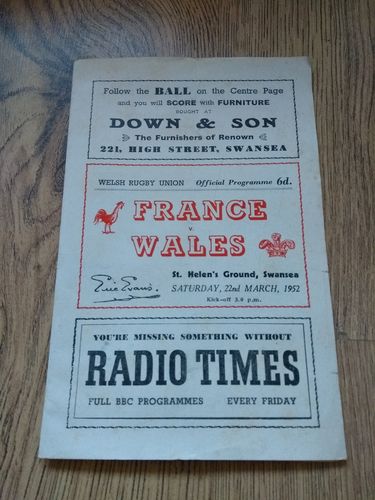 Wales v France 1952 Rugby Programme with Press Report