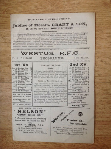 Westoe v North Durham 1920 Rugby Programme