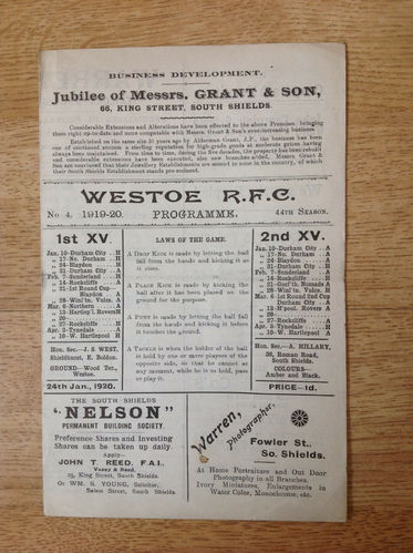 Westoe v Blaydon 1920 Rugby Programme