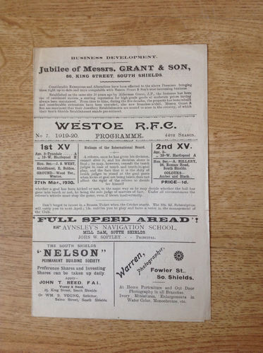 Westoe v Ryton 1920 Rugby Programme