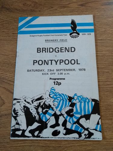 Bridgend v Pontypool Sept 1978 Rugby Programme