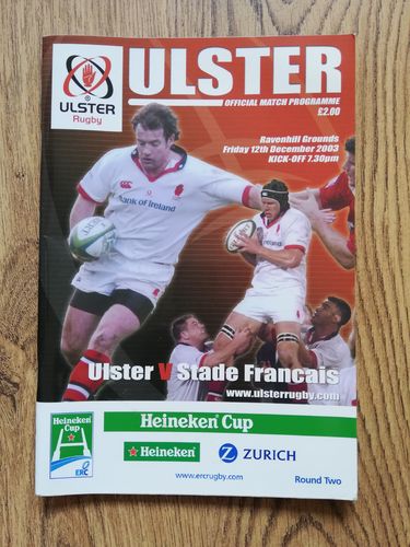Ulster v Stade Francais Dec 2003 Heineken Cup Rugby Programme