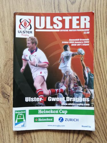 Ulster v Gwent Dragons Jan 2004 Heineken Cup Rugby Programme