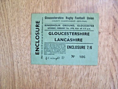 Gloucestershire v Lancashire 1970 County Championship Semi-Final Rugby Ticket