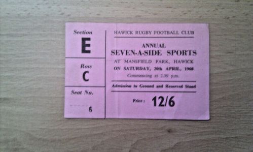 Hawick Sevens 1968 Used Rugby Ticket
