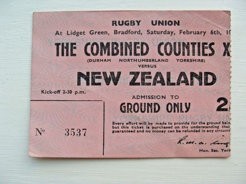 North East Counties v New Zealand 1954 Used Rugby Ticket