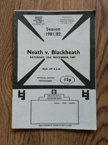 Neath v Blackheath Nov 1981 Rugby Programme