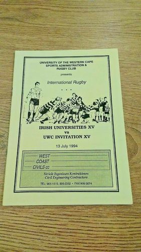 University Western Cape XV v Irish Universities XV 1994 Rugby Programme